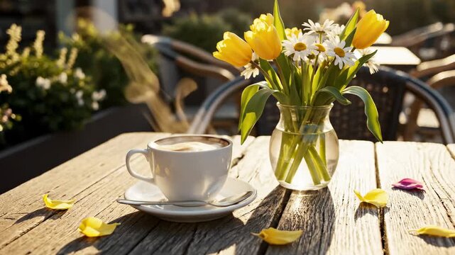Morning coffee with yellow tulips and daisies on a rustic wooden table