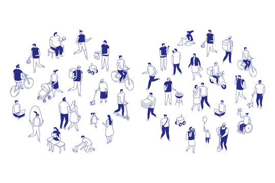 Minimal blue outline people performing common daily tasks and interactions. The isometric line people isolated format presents delivery, transport and social lifestyle scenes.