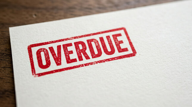 Overdue stamp on textured paper with red ink, symbolizing late payment or delayed financial document, conveying urgency and importance in business or personal finance context