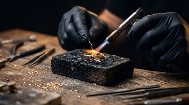 A skilled jeweler wearing black gloves carefully shapes a piece of jewelry with a blowtorch in a workshop.