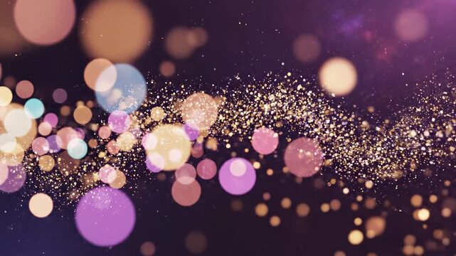 Sparkling bokeh lights and glittering particles dance in a dreamy purple atmosphere