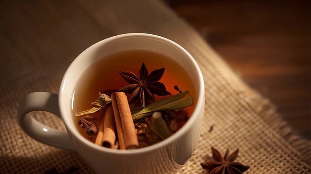 Warm cup of aromatic spiced tea with cinnamon sticks and star anise on wooden table, creating cozy beverage atmosphere and relaxing lifestyle moment.