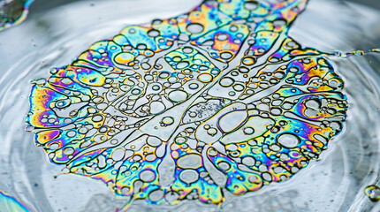 Fototapeta premium Oil film on water surface creates colorful patterns reflecting light in delicate display that reminds petroleum crisis impact on energy resources worldwide