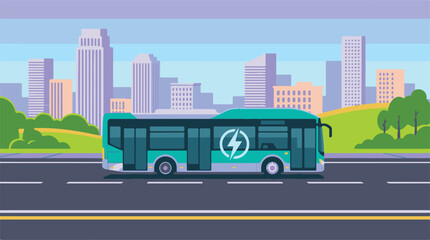 Electric bus on city road with urban skyline background vector illustration © SABSTOCK