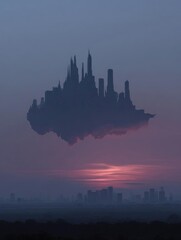Obraz premium Digital illustration of a city skyline at sunset. the sky is a beautiful shade of pink and purple, with the sun setting in the background.