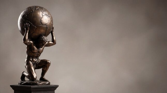 A bronze statue of Atlas holding up the Earth on a pedestal