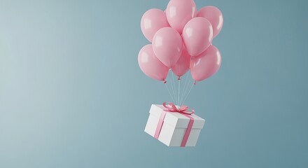 Floating white gift box with pink ribbon and pale pink balloons against a soft blue background