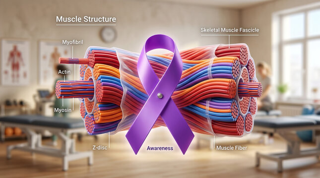 Cancer awareness concept with purple ribbon and detailed muscle structure illustration showing myofibril actin myosin z disc skeletal muscle fascicle and muscle fiber in medical office