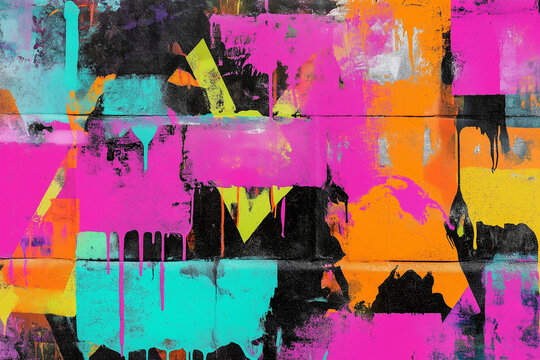 Seamless texture of street art graffiti with digital glitch distortions, neon spray paint drips, urban grit, high contrast, layered mixed media aesthetic