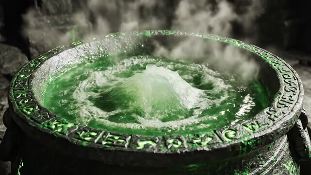 Mysterious glowing cauldron bubbles with eerie green potion and rising steam
