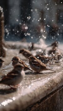 Vibrant Sparrows Splishing and Splashing in an Urban Fountain on a Sunlit Day Captured in Dynamic Detail