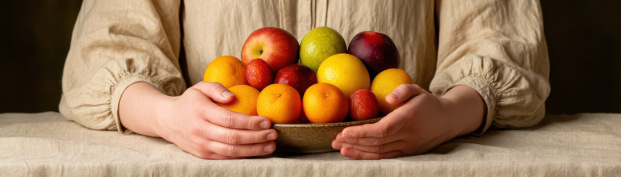 Person holding rustic bowl filled with fresh colorful fruits including apples, oranges, lemons, and plums on linen covered table, evoking natural and cozy feeling