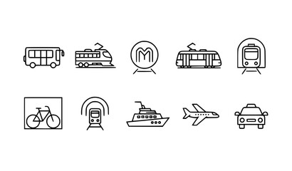 Minimal public transport line vector icon set isolated on white bus, train, tram, metro, bicycle, ferry, airplane, taxi © Shakib