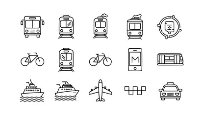 Flat public transport vector icon set line editable isolated on white bus, train, tram, metro, bicycle, ferry, airplane, taxi © Shakib