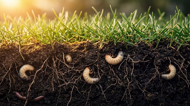 A cross-section of soil showing grass roots and grubs underground in a lawn ecosystem