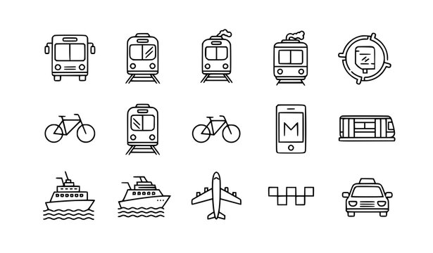Flat public transport vector icon set line editable isolated on white bus, train, tram, metro, bicycle, ferry, airplane, taxi