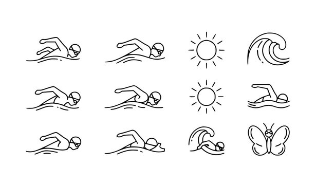 Athletic swim vector icon set with sun and waves isolated on white for swimming, sports, and fitness
