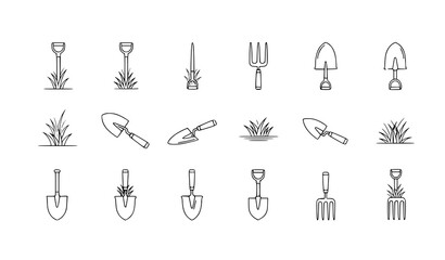 Minimal shovel logo and gardening tool vector icon set with grass isolated on white for landscaping and farming © Shakib