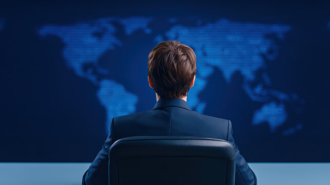 Businessman world map back view office chair dark blue professional male technology global corporate minimal over shoulder remote close up strategy planning leadership executive modern indoors