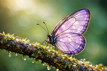 Obraz premium Vibrant Purple Butterfly with Translucent Wings Perched on a Mossy Branch with Water Droplets.