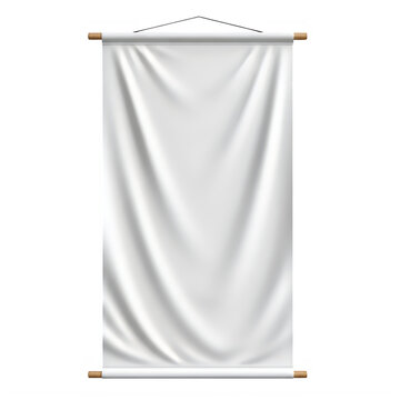 A white fabric banner hanging on a wooden rod isolated on white background png
