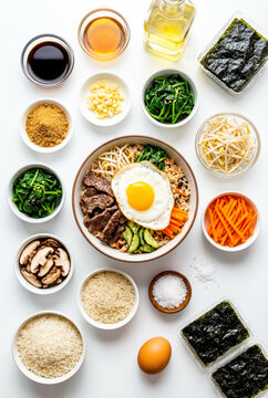 Korean bibimbap bowl with beef fried egg and vegetables surrounded by ingredients like rice spinach carrots and sesame oil.