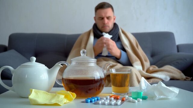 Mensch mit Erk&auml;ltung zu Hause auf dem Sofa 