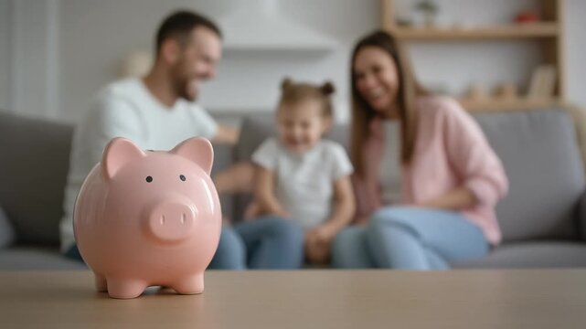 Sparschwein im Vordergrund, im Hintergrund eine Familie 