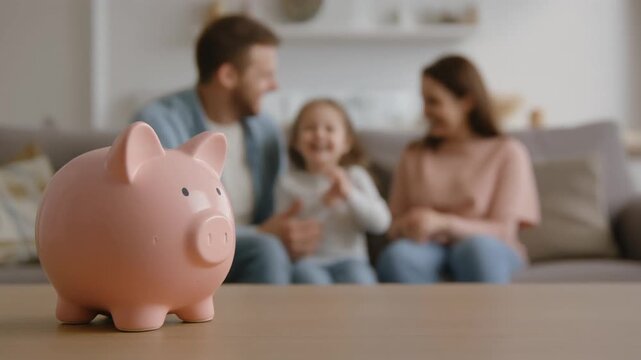 Sparschwein im Vordergrund, im Hintergrund eine Familie 