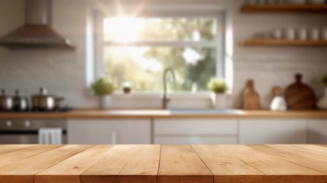 Holztisch in heller K&uuml;che mit Sonnenlicht