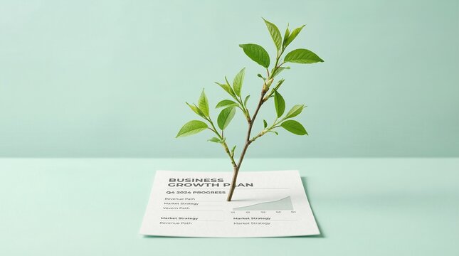 A small green plant branch growing out of a paper titled Business Growth Plan Q4 2024 Progress, representing an idea coming to life.