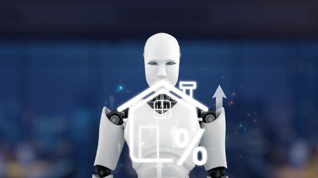 A futuristic robot showcases a digital icon of a house, symbolizing the growth of real estate investment and property value in a modern financial landscape. Synapse