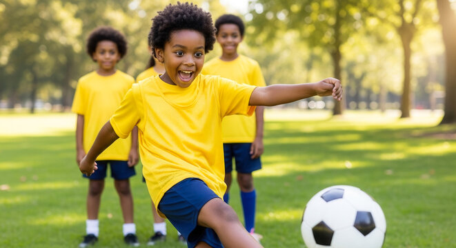 African-American children kicking ball on grassy field in park, sports teamwork and childhood fun