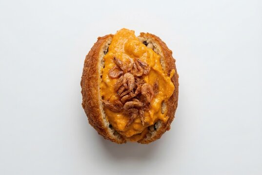Isolated flat lay top view of a traditional Brazilian Acaraj&eacute; filled with vatap&aacute; and dried shrimp on a white background