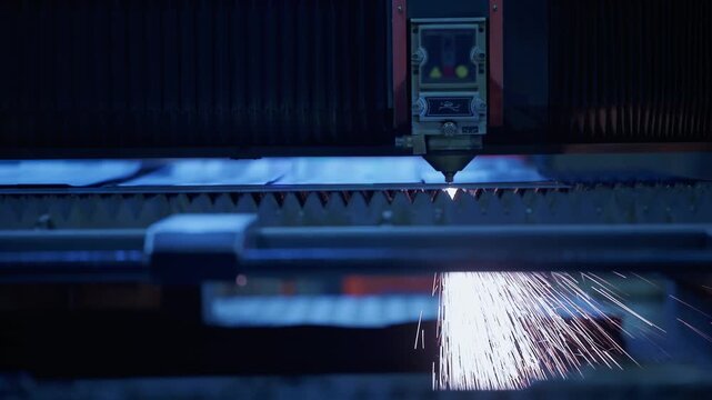Slow motion sparks falling from laser cutter slicing metal workpiece inside industrial factory interior..