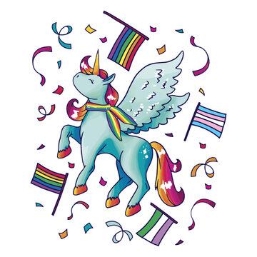 Rainbow unicorn with rainbow flags and confetti