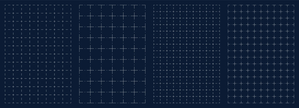 Set of black grid paper background. Blueprint base, notebook sheets, paper for school notes. Background with square grid. Editable stroke