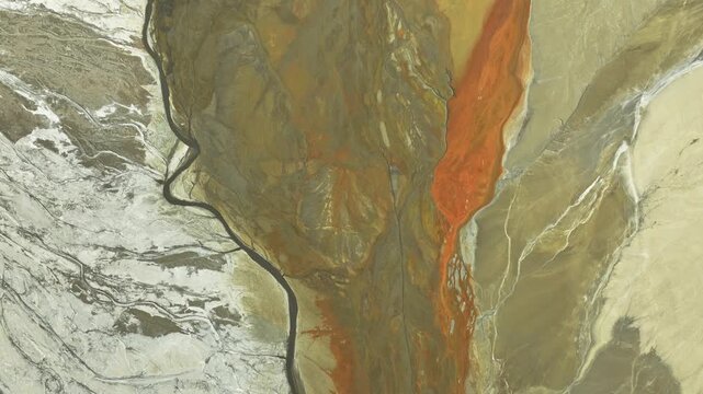 Aerial view of colorful earth patterns at Rio Tinto