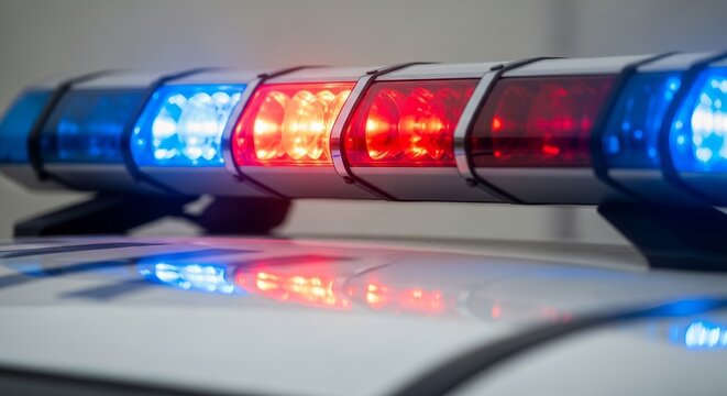 Emergency lights on police car flashing during road incident. Emergency response includes red and blue lights, signaling urgency and safety.