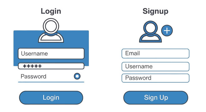 Login and signup forms with user icons fields and buttons displayed side by side