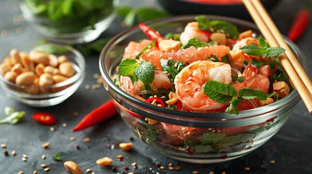 Vibrant grapefruit and shrimp salad with mint chili and peanuts overhead