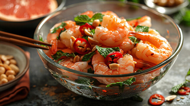 Vibrant grapefruit and shrimp salad with mint chili and peanuts overhead