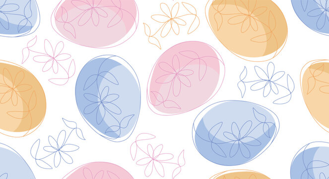 Spring seamless pattern with Easter eggs and flowers in minimal line art style. Colorful shapes with delicate floral lines. Ideal for textile, packaging, and seasonal design.