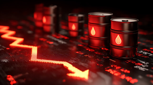 Red glowing arrow graph show decrease with oil barrels on dark digital background, concept of price drop, crisis, market decline