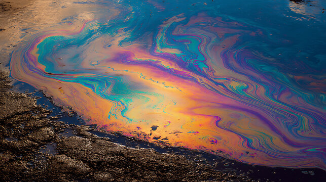 Abstract oil slick surface with vibrant iridescent colors, fluid textures, and dynamic patterns resembling liquid art on dark ground