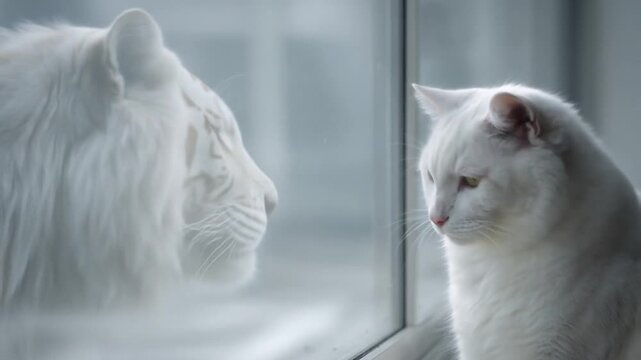 White cat and tiger looking at each other mirrored view day light
