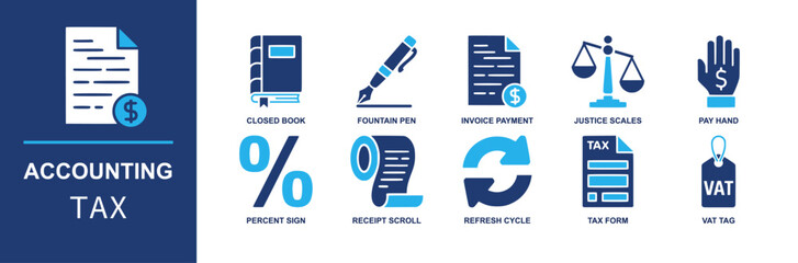 Accounting tax icon set. Containing closed book, fountain pen, invoice payment, scales, pay hand, percent sign, receipt scroll, refresh cycle, tax form and more. Solid fill vector icons.