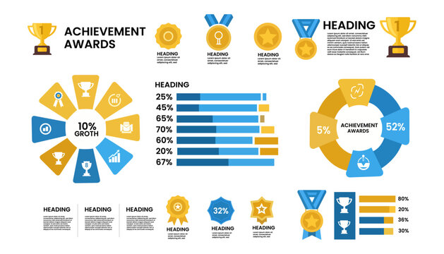 Business Achievement and Awards Infographic Set with Trophy Icons Bar Charts Donut Graph and Medal Badge Elements