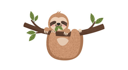 Fototapeta premium A cute cartoon sloth hangs from a tree branch eating a leaf peacefully.