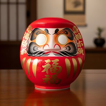Vibrant red daruma doll on wooden table